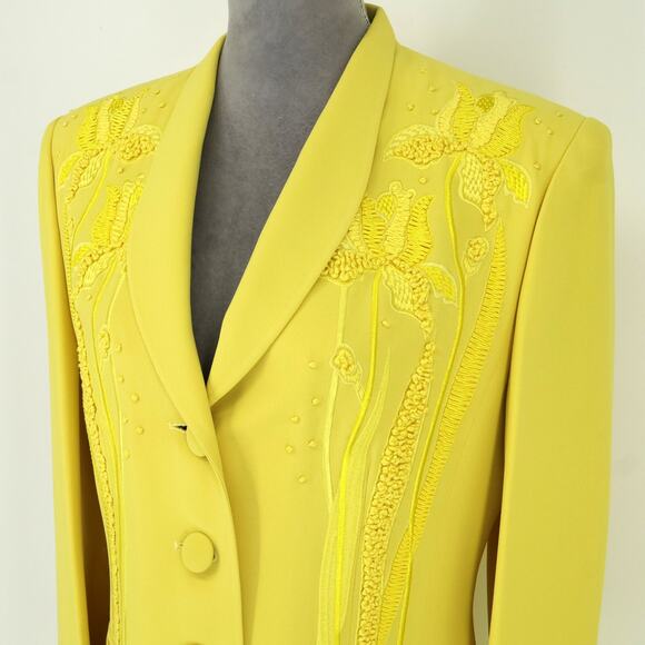 Louis Feraud Jacket Womens 8 Yellow Twill Lined Embroidery Detail Blazer Vintage - Picture 8 of 16